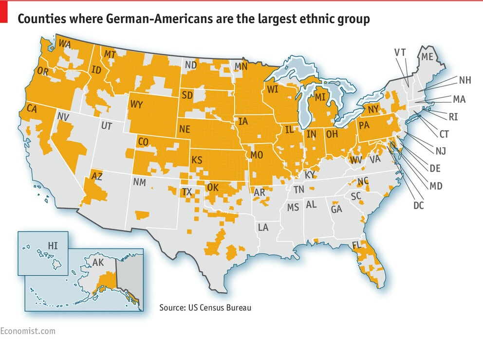 קאונטיס אין די פאראייניגטע שטאַטן וואו דייטשע אפשטאמיגע מאכן אויס די גרעסטע עטנישע גרופע.<br />דער עקאנאמיסט.