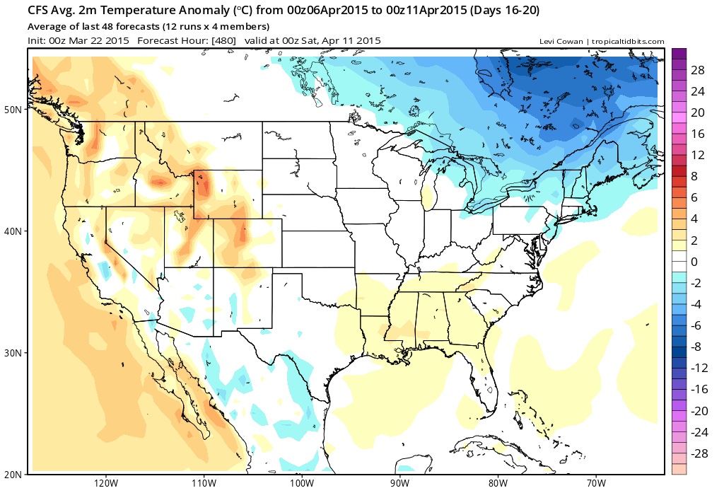 Temperature forecast for next 16-20 days (blue is below normal