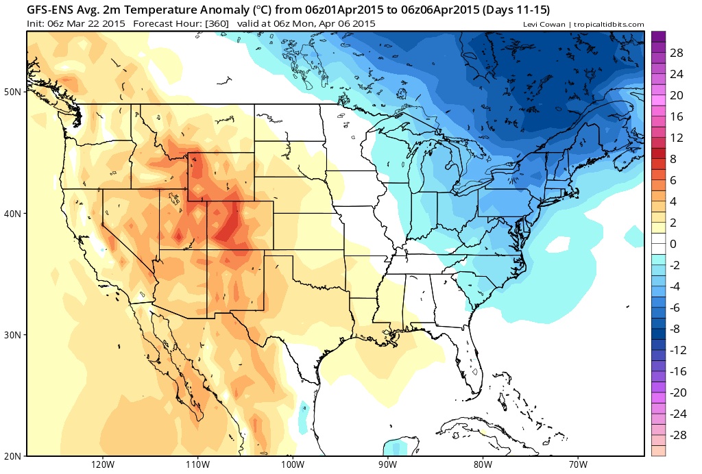 Temperature forecast over the next 11-16 days blue is below normal