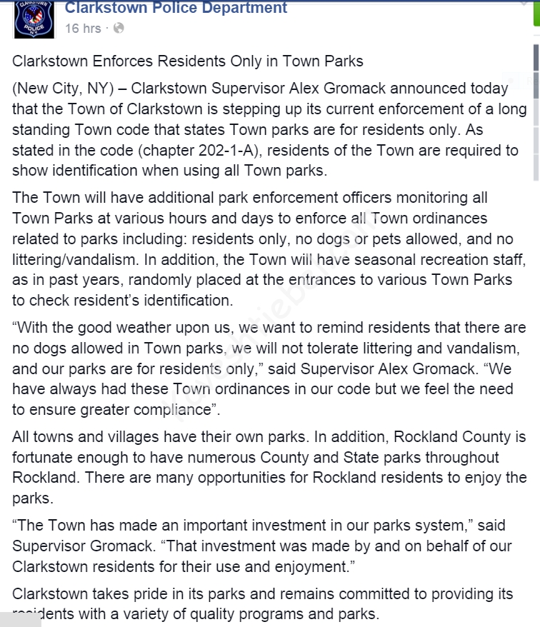 פאליציי מעלדט אינפארסירונג פון געזעץ אז פארק איז פאר בירגערס