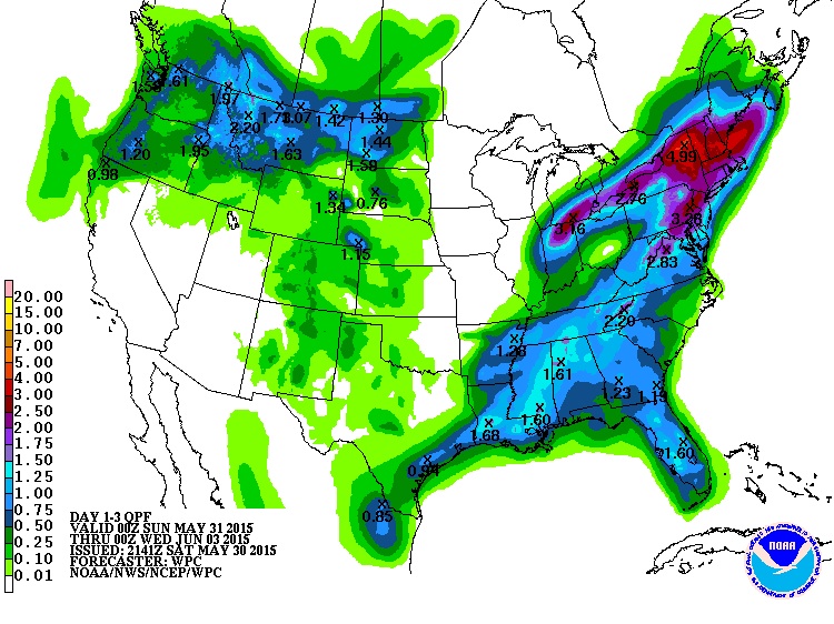Map showing as much as 3 inches rain over nyc from sunday thru tuesday