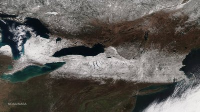 Satelite picture showing stripe of snow on the ground from yesterdays storm