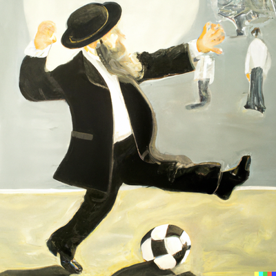 DALL·E 2022-12-12 19.45.24 - Expressive oil painting of a Hassidic rabbi with a Streimel and a long white beard playing soccer.png
